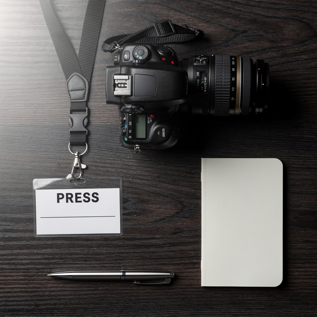 Professional camera and press pass on a wooden desk