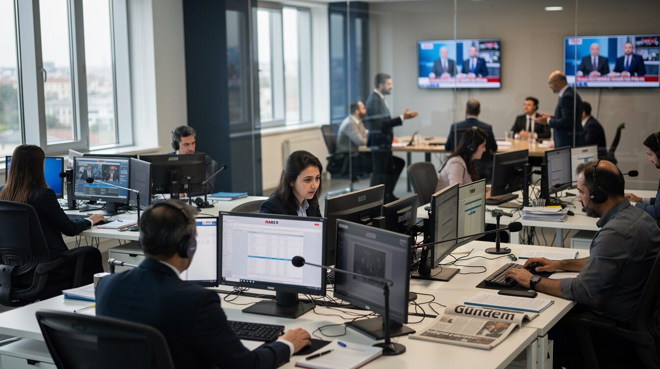 Turkish journalists working together in a busy newsroom